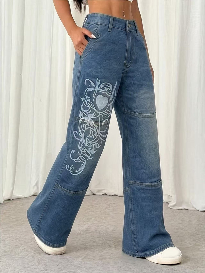 Damen weite Jeans mit kunstvollem Aufdruck Drune