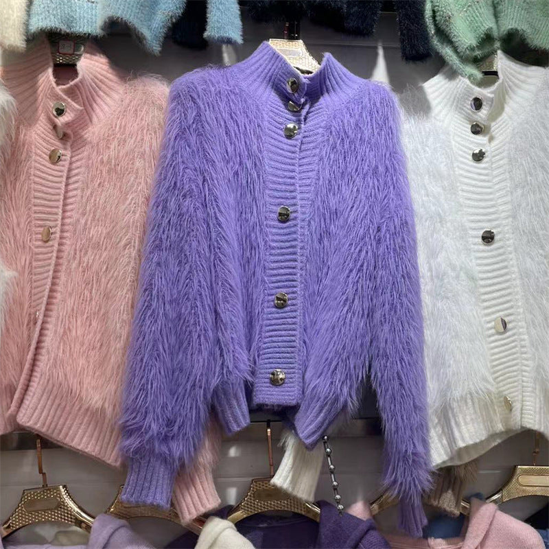 Damen kuschelige Strickjacke mit Knopfverschluss und hohem Kragen Drune