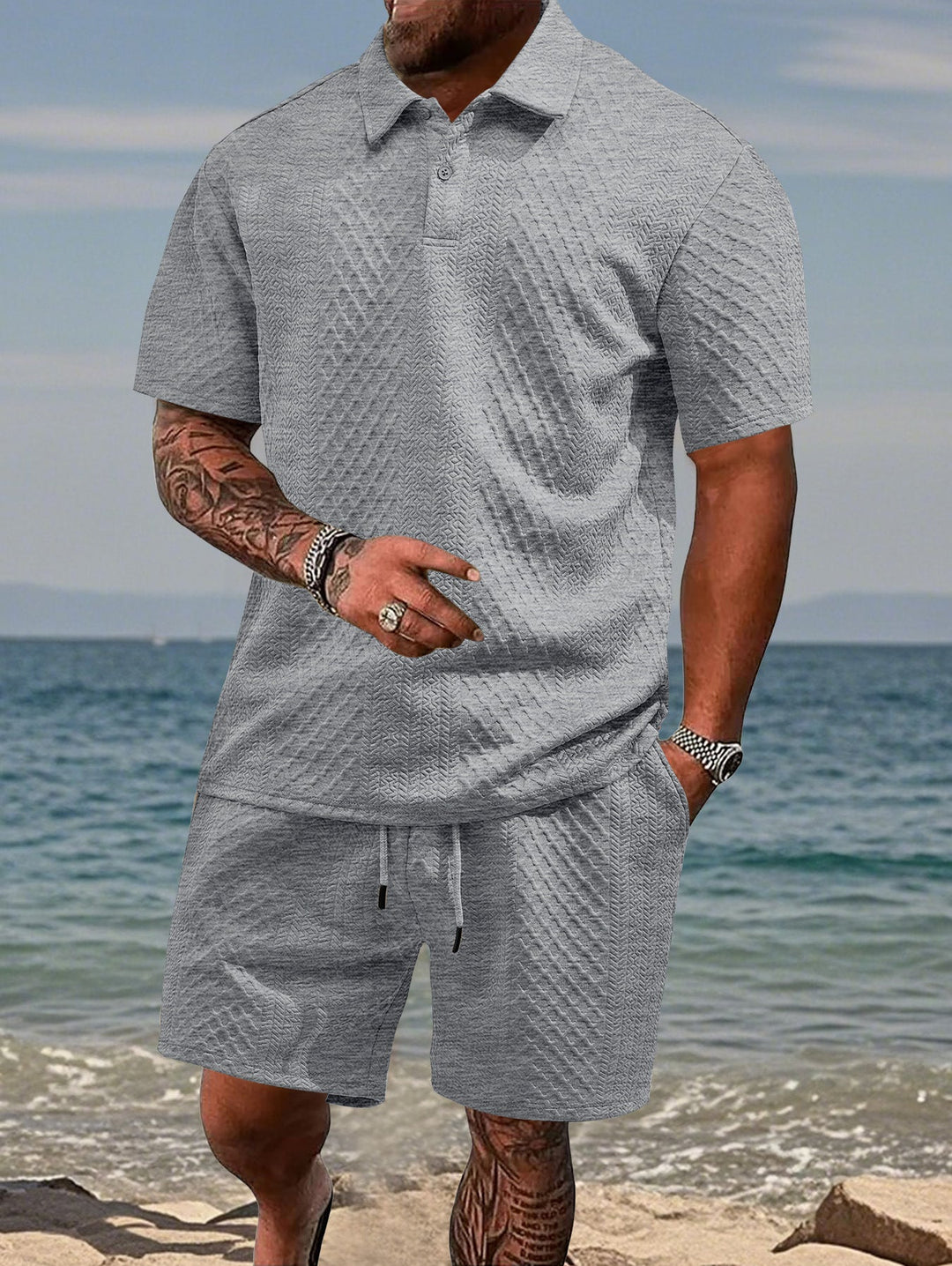 Herren nan geprägtes Strand-Ensemble mit offenem Kurzarm-Hemd und Kordel-Bermuda Drune