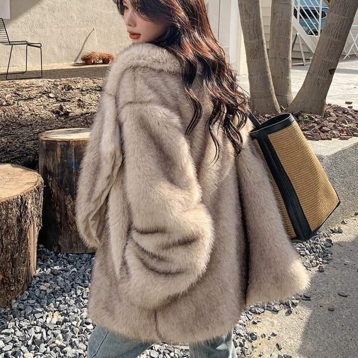 Damen Modische Plüschjacke mit breitem Revers Drune