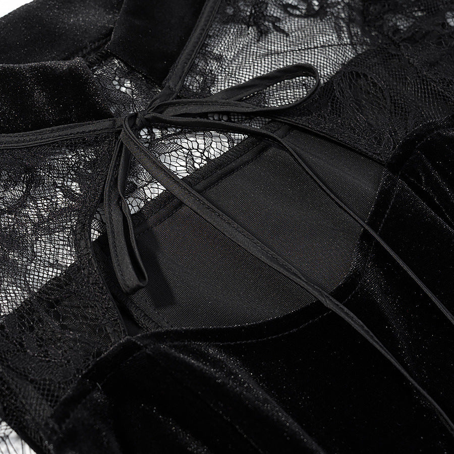 Damen Abendkleid mit transparenten Spitzenärmel und Rüschensaum Drune
