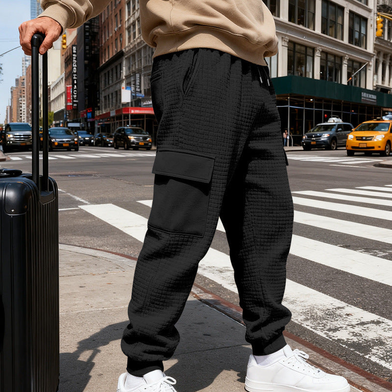 Herren nan Waffelstruktur Cargohose im Joggingstil mit Klappentaschen und elastischem Bund Drune