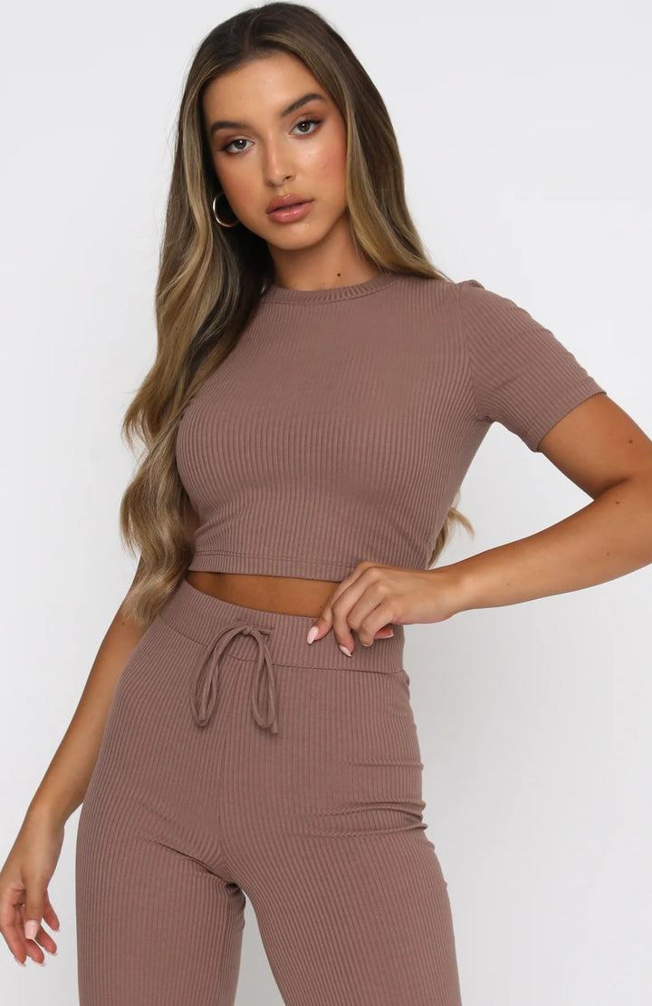 Damen lässiges Rippstrick-Cropped-Oberteil und Hose Set Drune