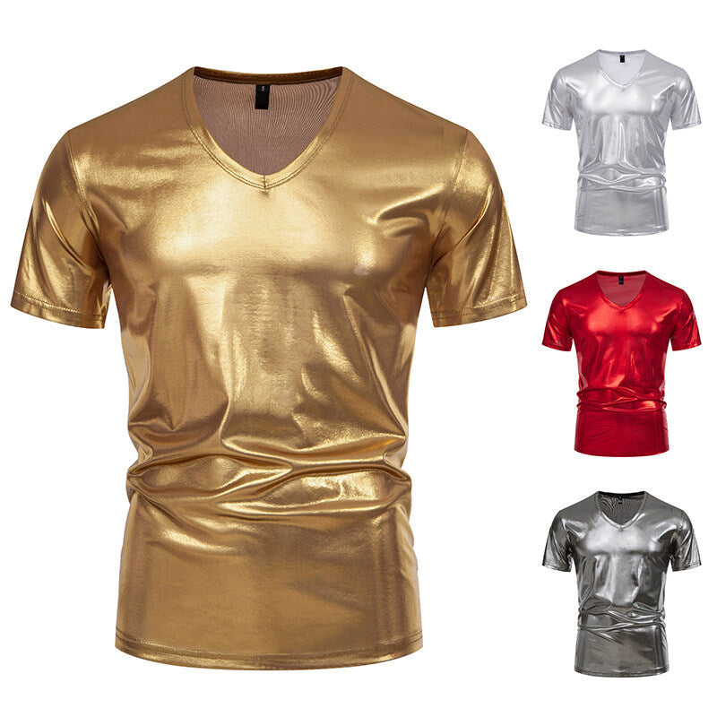 Herren Glänzendes Metallisches V-Ausschnitt T-Shirt Drune