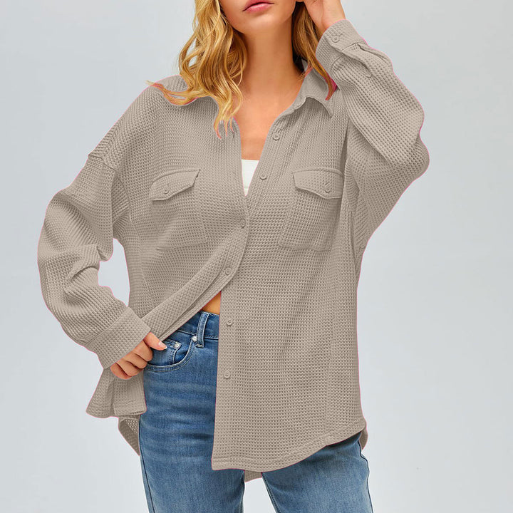 Damen nan oversized Waffelstrick Hemdjacke mit Brusttaschen und Knopfleiste Drune