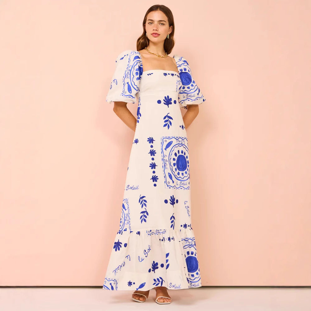 Damen Maxikleid mit eleganten Puffärmeln und floralen Akzenten Drune