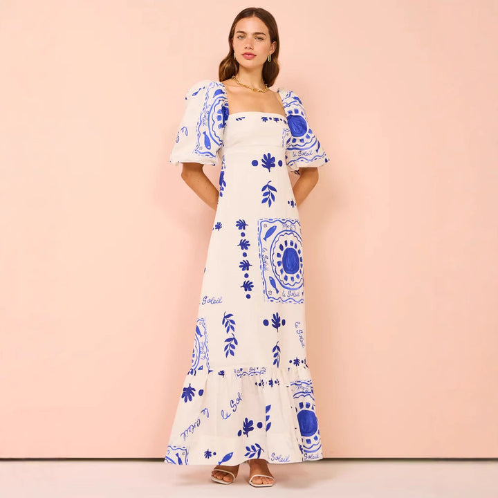 Damen Maxikleid mit eleganten Puffärmeln und floralen Akzenten Drune