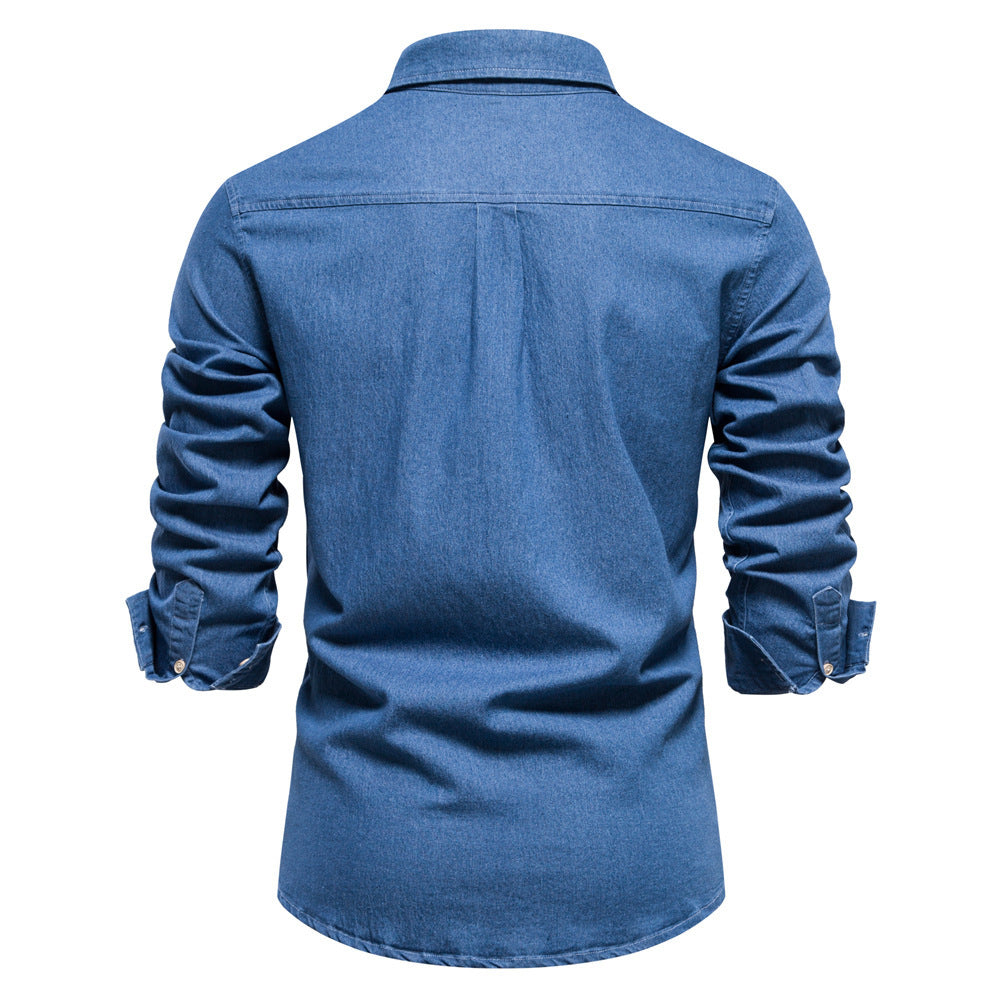 Herren nan schmal geschnittenes Denim-Hemd mit Kentkragen und aufgesetzten Brusttaschen Drune