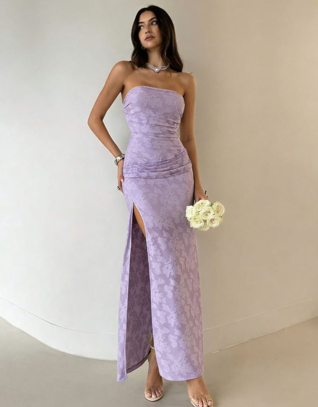 Damen Elegantes Maxikleid mit floralem Design und hoher Teilung Drune