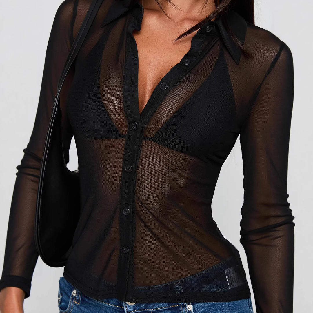 Damen Transparente Bluse mit sexy Design und feinen Knopfdetails Drune