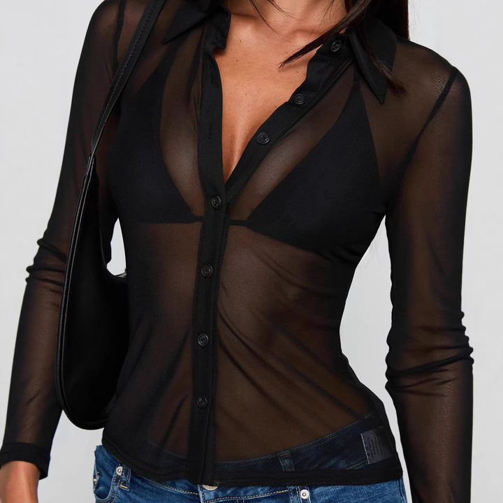 Damen Transparente Bluse mit sexy Design und feinen Knopfdetails Drune