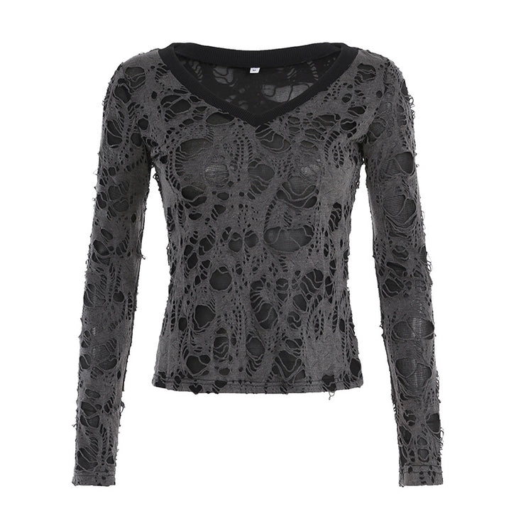 Damen nan transparentes Distressed-Spitzenshirt mit V-Ausschnitt, langärmeligem Layer-Look und innenliegendem Cami Drune