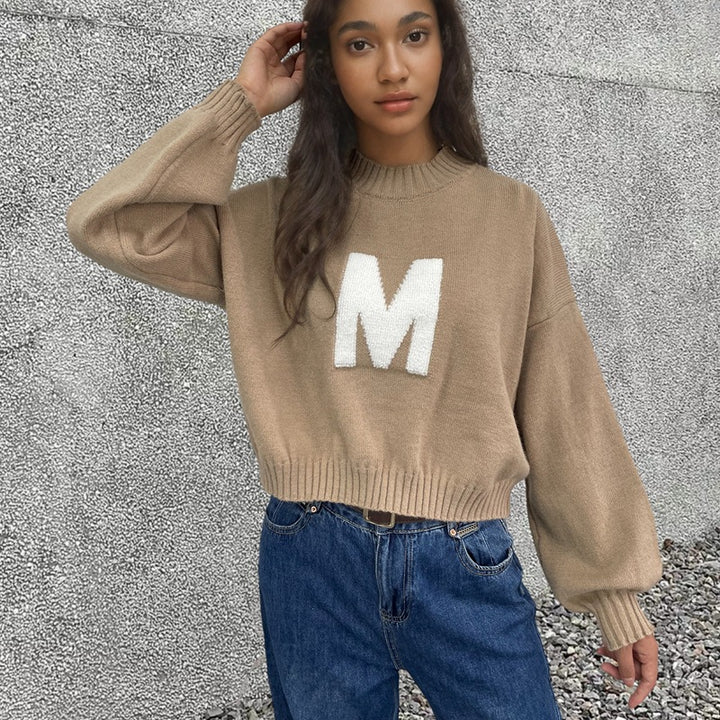Damen Oversized Strickpullover mit einzigartigem Frontmotiv Drune