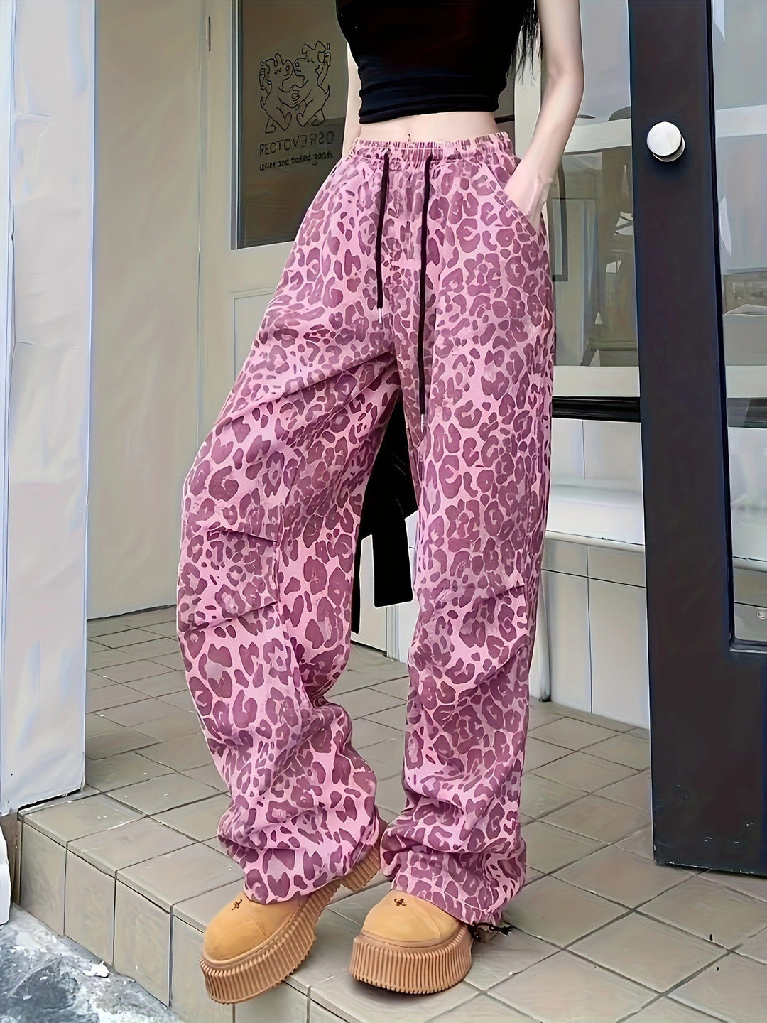 Damen Cargo-Hose mit Leopardenmuster und elastischem Bund Drune