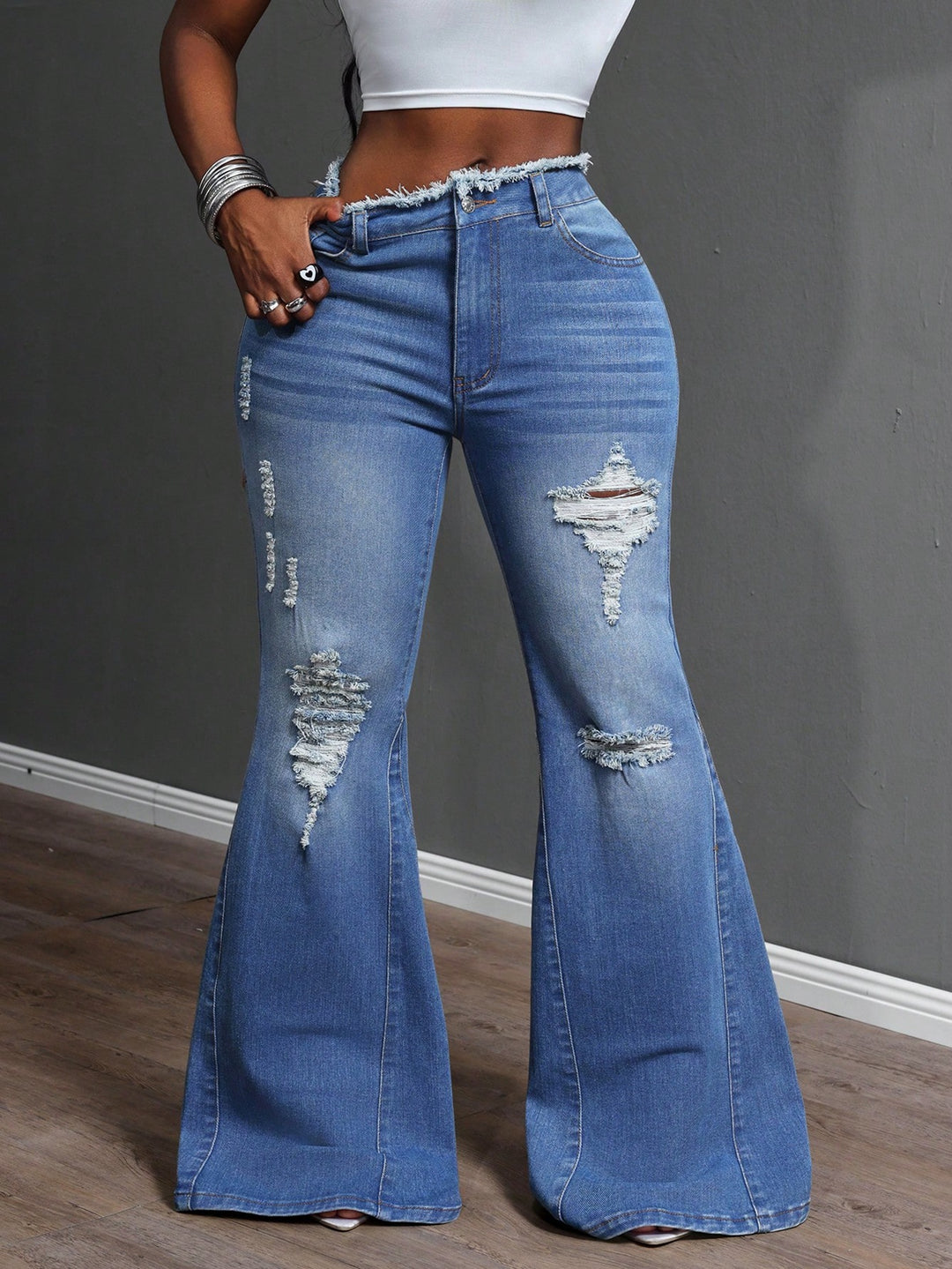 Damen Bootcut Jeans mit ausgefransten Details Drune
