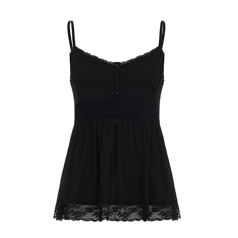 Damen Spaghetti-Trägertop mit romantischer Spitzenverzierung und knopfbarem Detail Drune