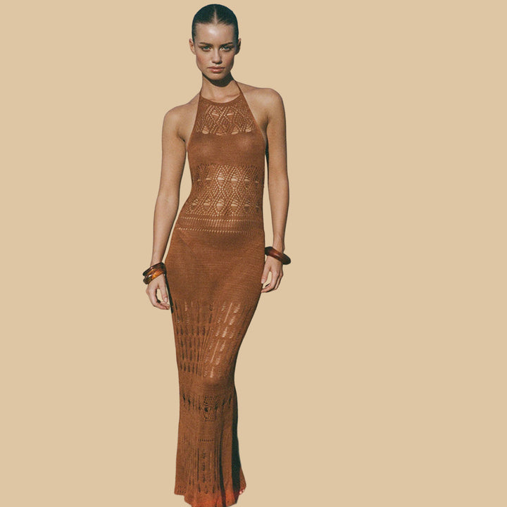 Damen elegantes Häkel-Maxikleid mit tiefem Rückenausschnitt Drune