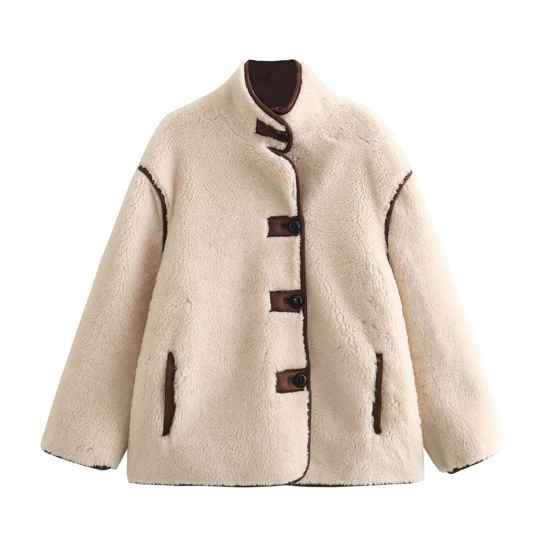 Damen Teddyfelljacke mit stylischem Stehkragen und praktischen Taschen Drune