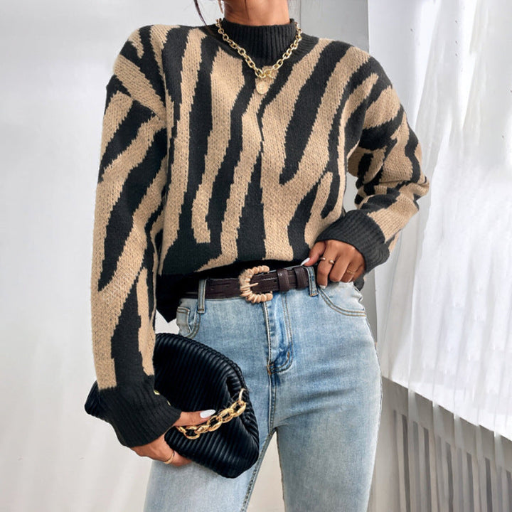 Drune | Strickpullover - Lockere Passform - Tierdruck - Rundhals - Weich und Warm