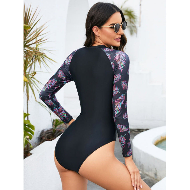 Damen Langarm-Surfanzug mit modernem Palmenmuster und stylischem Reißverschluss Drune