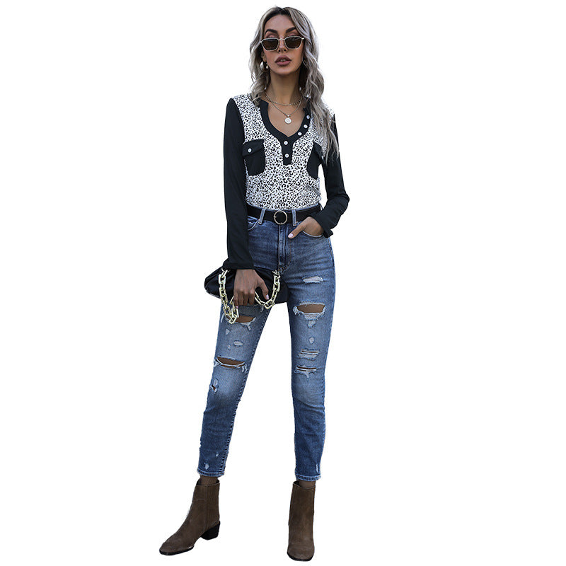 Damen Langarmshirt mit raffiniertem Leoprint und praktischen Taschen Drune