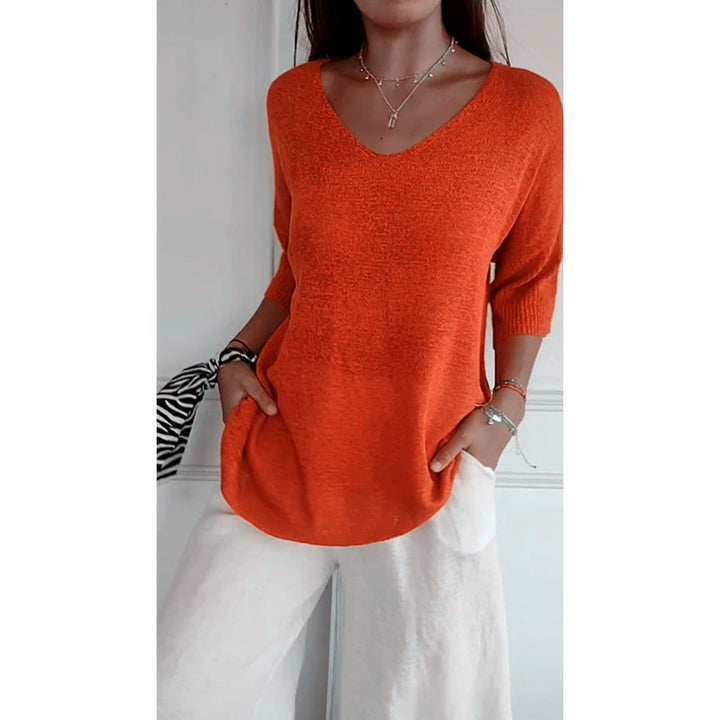 Damen nan locker sitzender V-Ausschnitt Feinstrickpullover mit dreiviertelÄrmeln Drune