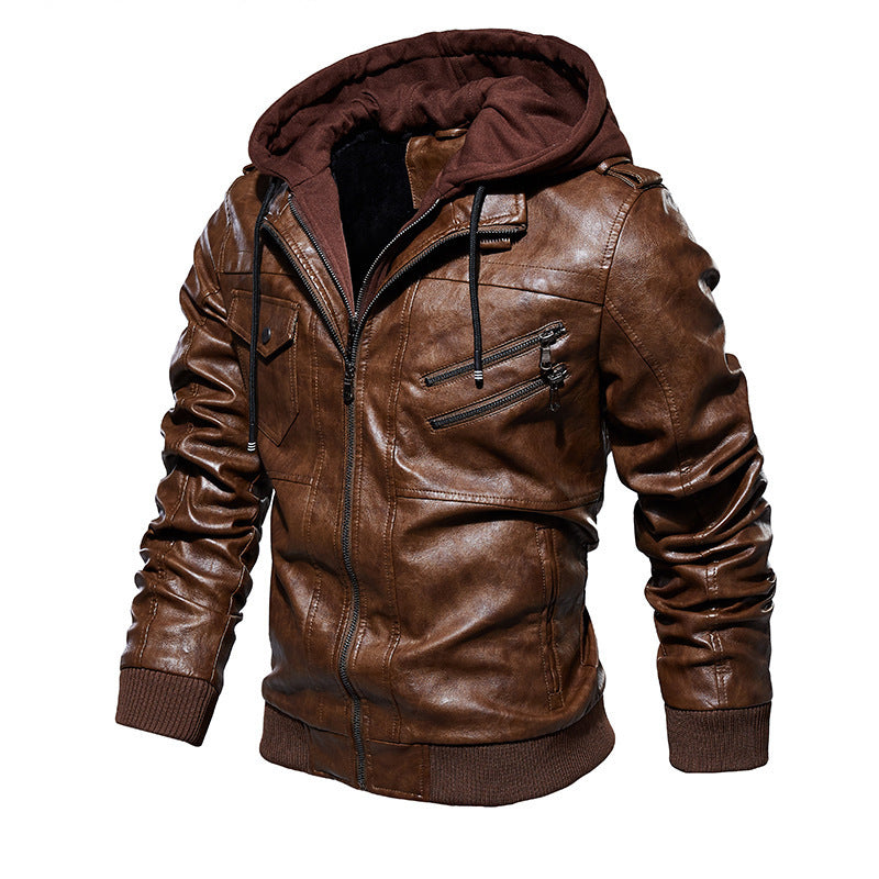 Herren lässige Kunstlederjacke mit abnehmbarer Kapuze und zahlreichen Taschen Drune