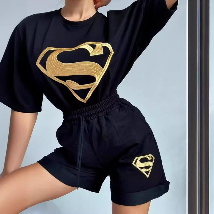 Damen sportliches Kurzarm-Shirt und Shorts-Set mit exklusivem Logo-Design Drune