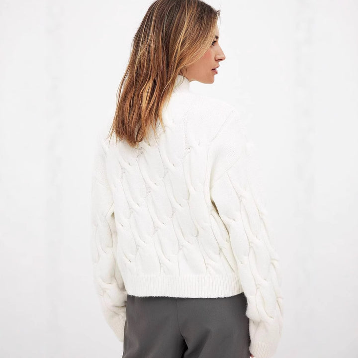 Damen kuscheliger Grobstrickpullover mit hohem Kragen und Zopfdesign Drune