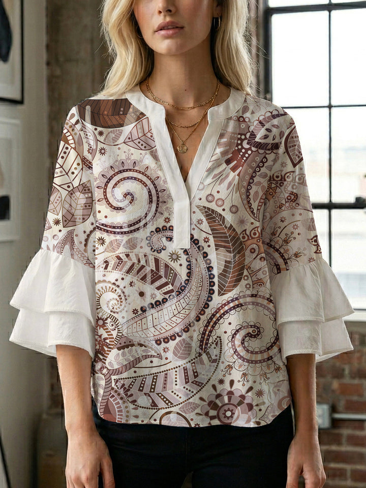 Damen Bluse mit voluminösen Rüschenärmeln und kreativem Floraldesign Drune