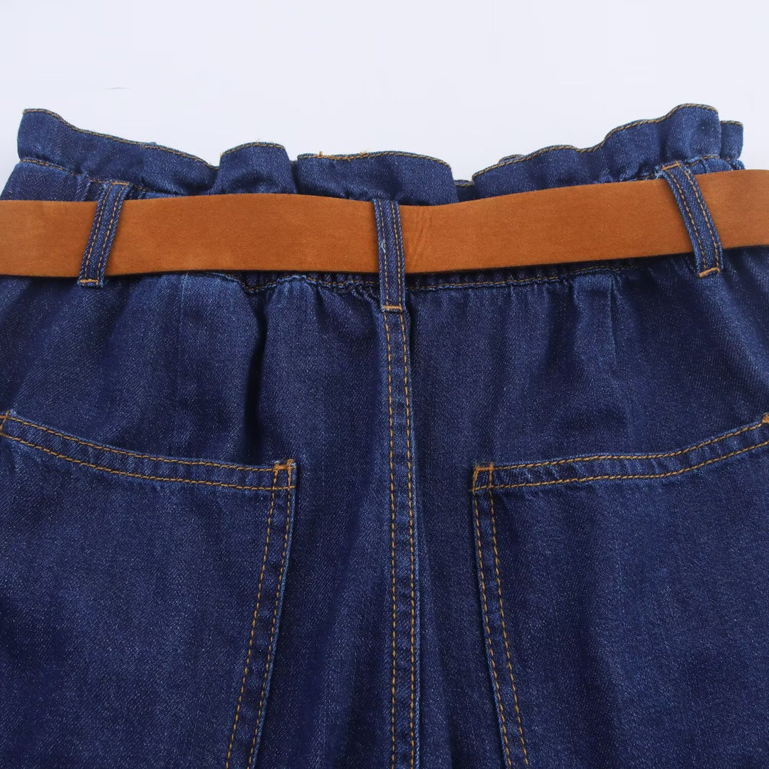 Damen Denim-Shorts mit hochwertigem Ledergürtel und elastischem Bund Drune