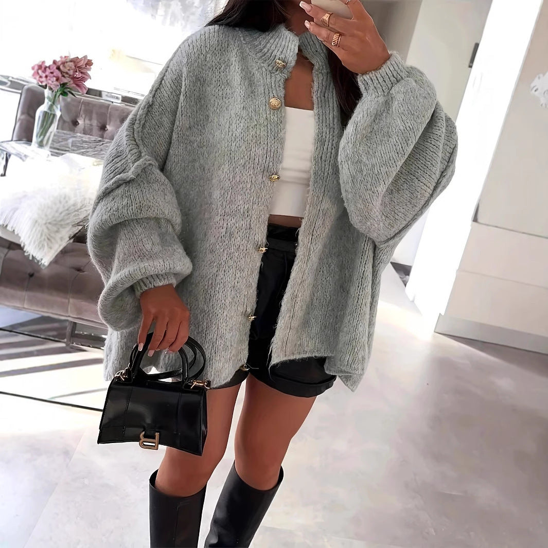 Damen Oversized Strickjacke mit stylischen Puffärmeln und Knopfleiste Drune