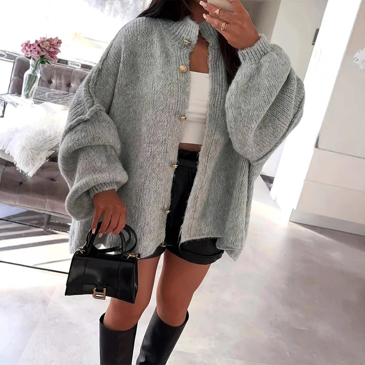 Damen Oversized Strickjacke mit stylischen Puffärmeln und Knopfleiste Drune
