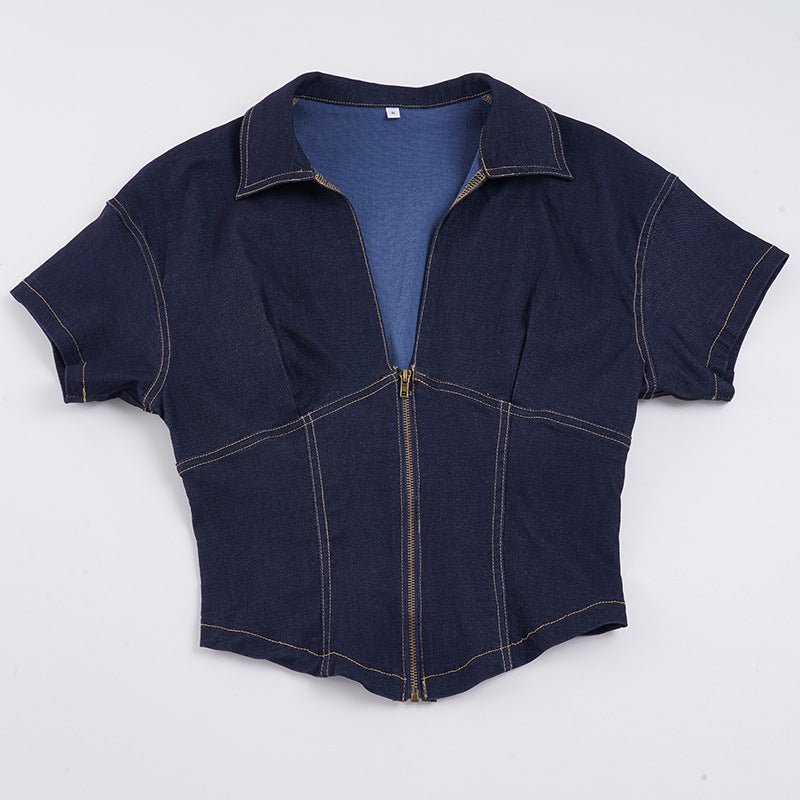 Damen Kurzarm Denim-Jacke mit teilbarem Reißverschluss und modischem Schnitt Drune