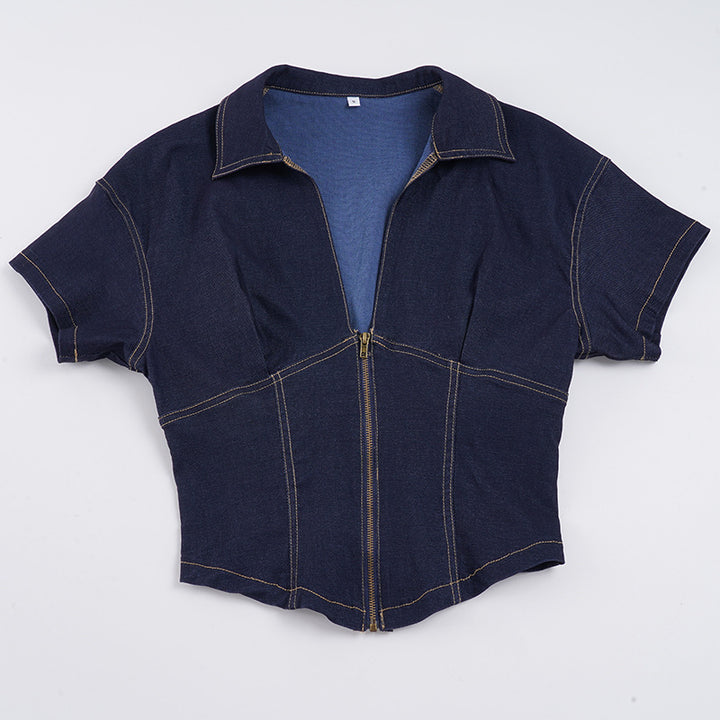 Damen Kurzarm Denim-Jacke mit teilbarem Reißverschluss und modischem Schnitt Drune
