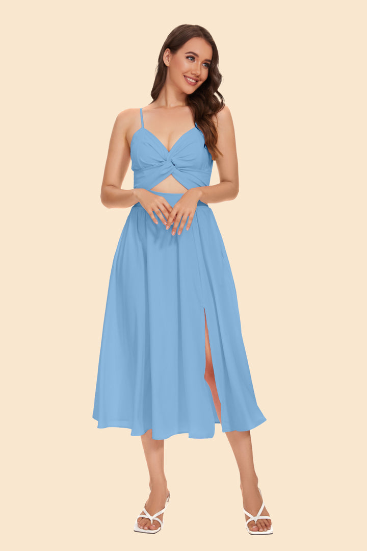 Damen Zweiteiler Ensemble mit elegantem knotenfreier Bluse und fließendem Rock mit Schlitz Drune