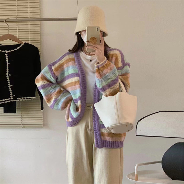 Damen lässiger Strickcardigan mit buntem Streifenmuster und weiten Ärmeln Drune