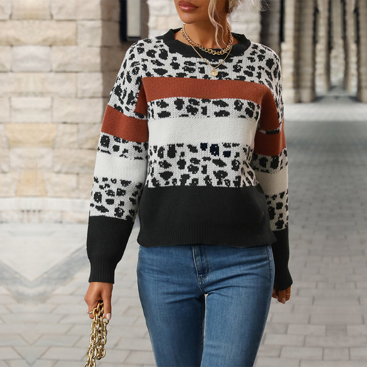 Damen gemusterter Strickpullover mit modischem Farbblockdesign und einzigartigem Animal-Print Drune