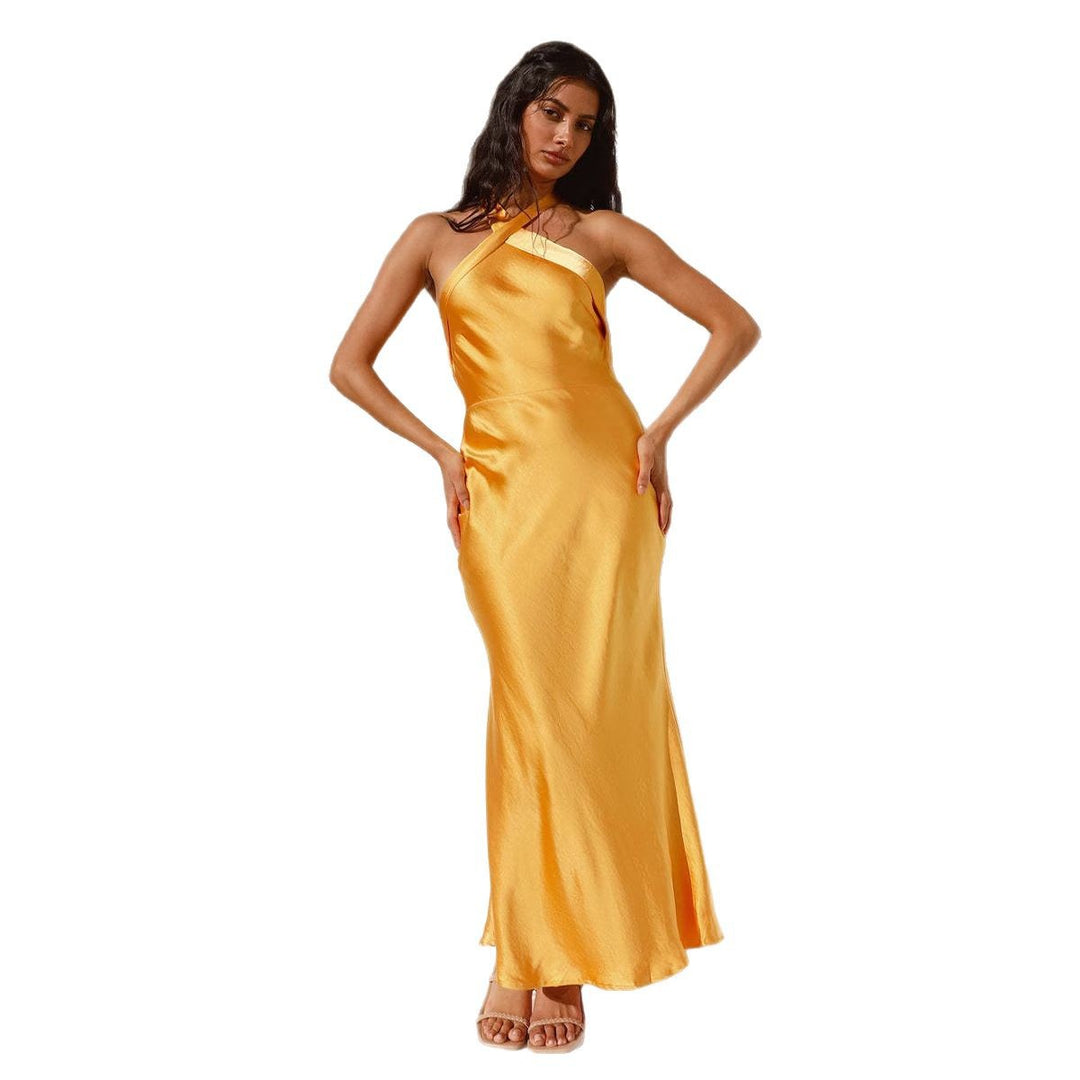 Damen elegantes Abendkleid mit asymmetrischem Ausschnitt und fließendem Satinfall Drune