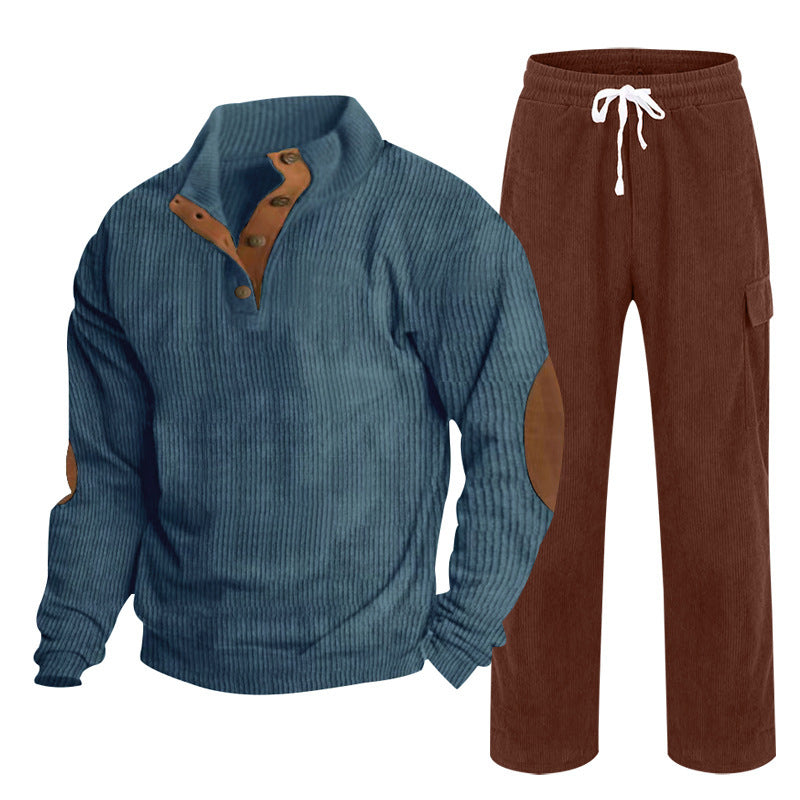 Herren nan Strick-Freizeitset mit Knopfleiste und Ellenbogenaufnähern sowie Cord-Cargohose Drune