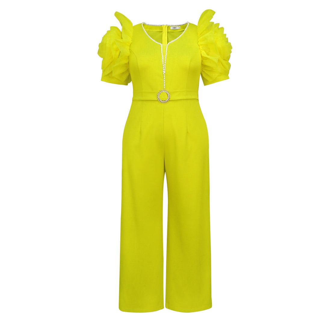 Damen eleganter Jumpsuit mit voluminösen Puffärmeln und Perlenakzent Drune