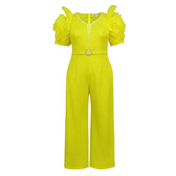 Damen eleganter Jumpsuit mit voluminösen Puffärmeln und Perlenakzent Drune