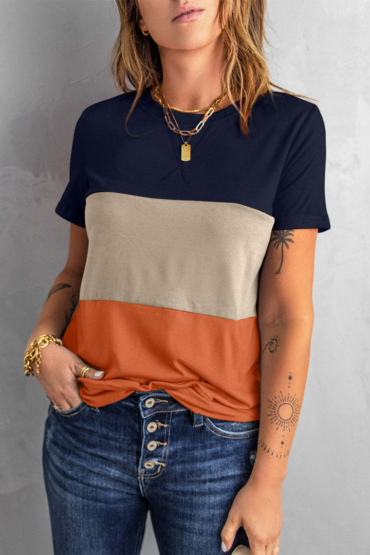 Damen lässiges T-Shirt mit farbigem Blockdesign und Rundhalsausschnitt Drune
