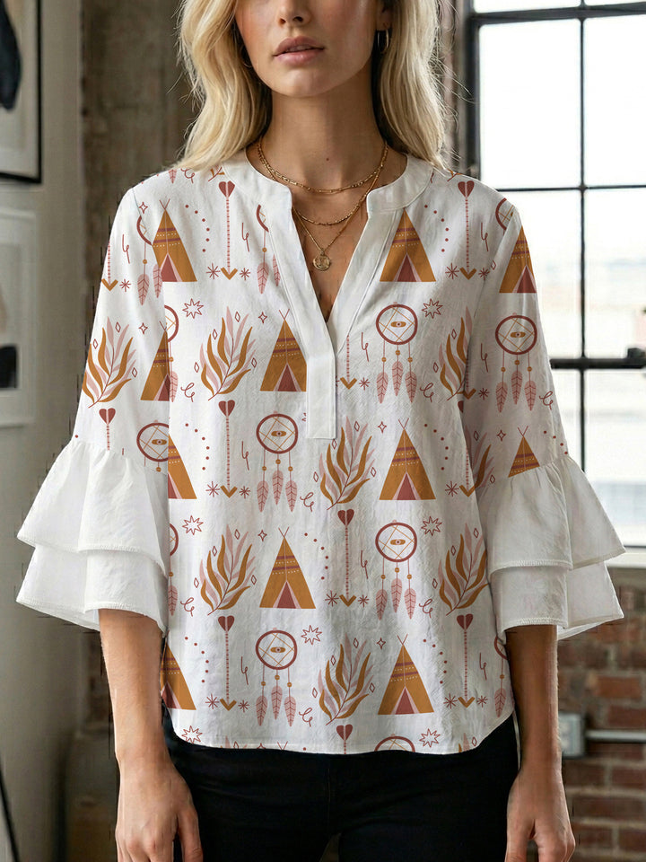 Damen Bluse mit voluminösen Rüschenärmeln und modernem Motiv Drune