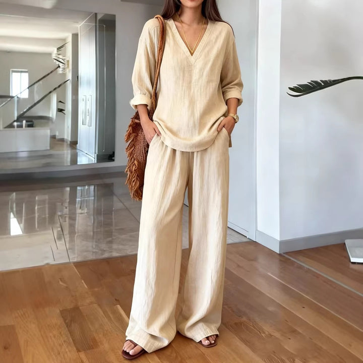 Damen Lässiges Leinenoberteil und weite Palazzo-Hosen Set Drune