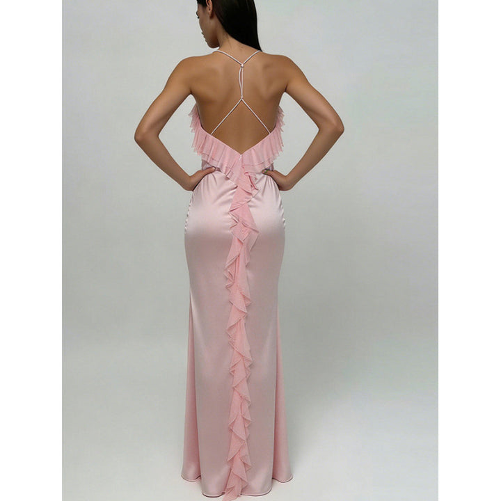 Damen Maxi-Kleid mit eleganten Rüschendetails und tiefem Rückenausschnitt Drune