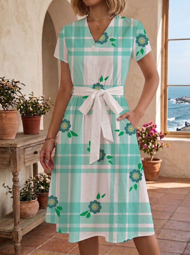 Damen lässiges Maxikleid mit taillierbarem Knoten und dekorativem Karomuster Drune