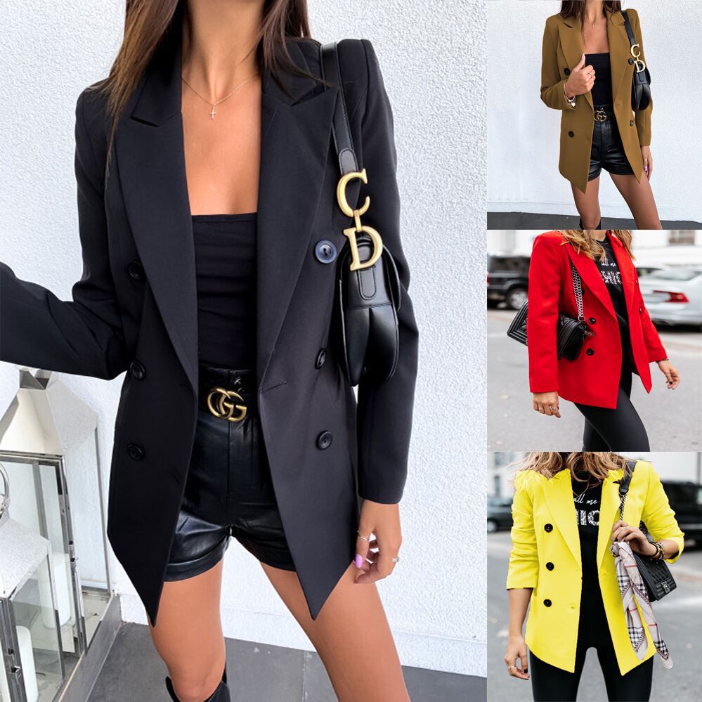 Damen nan taillierter Longblazer mit doppelreihiger Knopfleiste, Reverskragen und Eingrifftaschen Drune