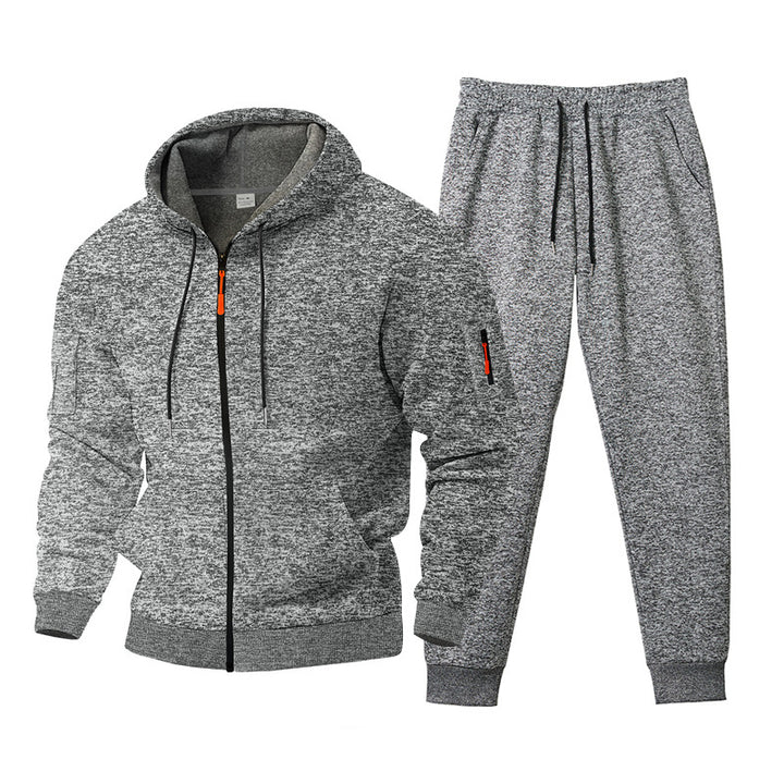 Herren nan meliertes Kapuzen-Sweatset mit durchgehendem Reißverschluss, Reißverschluss-Armtasche und Kordelzug-Jogginghose Drune