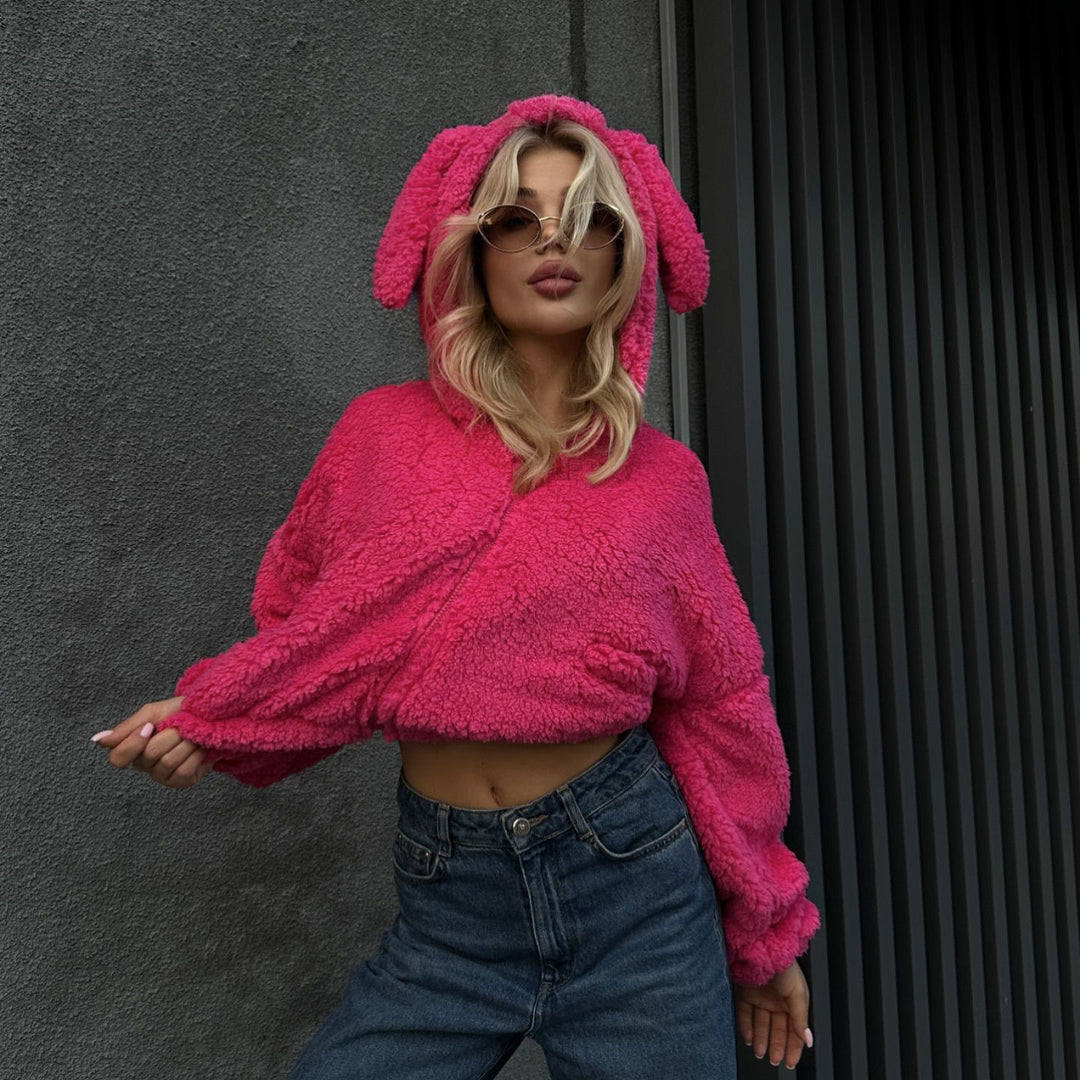 Damen kuschelige Fleecejacke mit tierischem Kapuzen-Design Drune